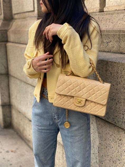 classic chanel bag beige|beige chanel bag outfit.